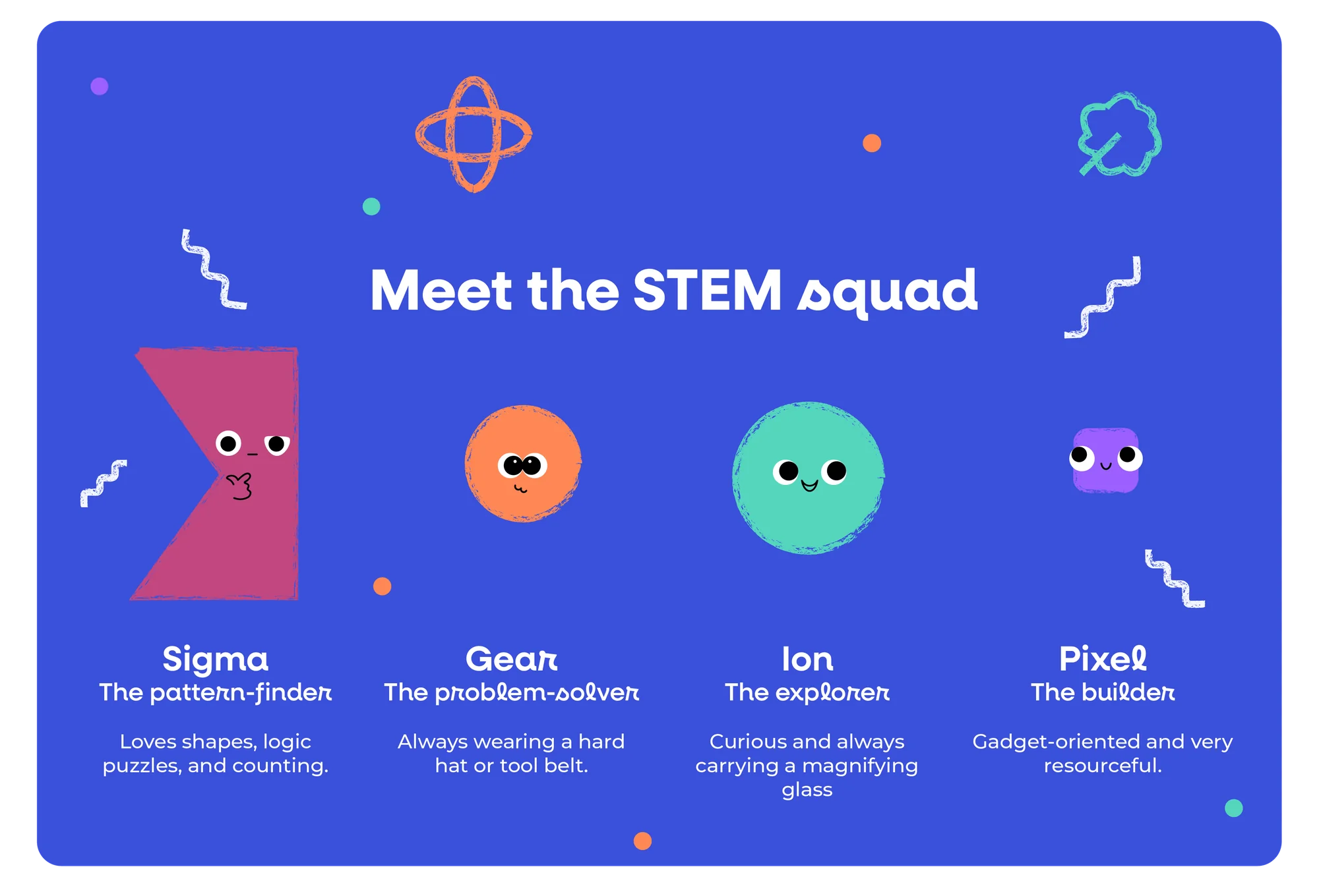 Meet the STEM squad — Sigma, Gear, Ion and Pixel